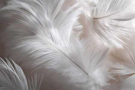 Soft white feathers spread across a light surface for decorationの素材