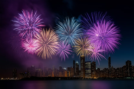 Colorful fireworks light up night sky over city skylineの素材