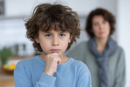 Child looks thoughtful while adult is seen in the backgroundの素材