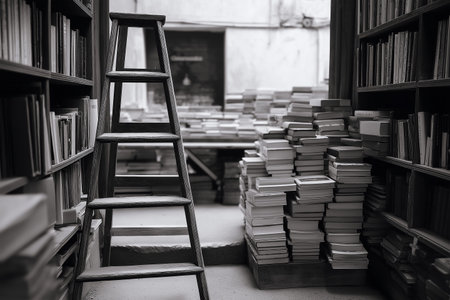 Old library scene with a ladder and stacks of books in black and whiteの素材