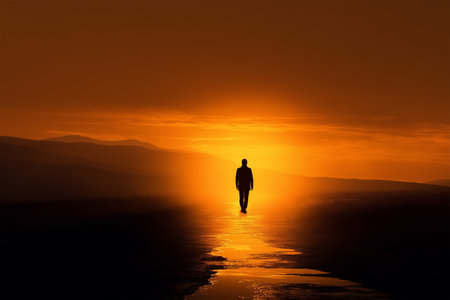 Silhouette walking toward sunset on a quiet pathの素材
