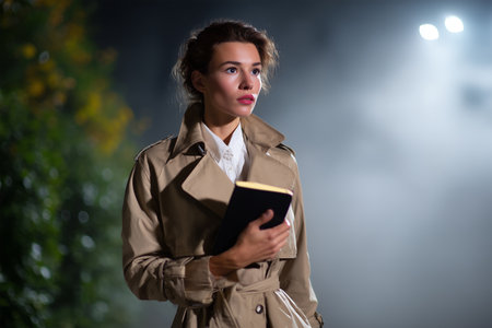 Woman in trench coat reading a book at night near streetlightの素材