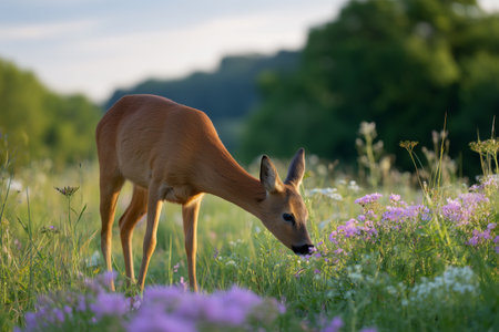 Deer grazing among wildflowers in a serene meadow at sunsetの素材