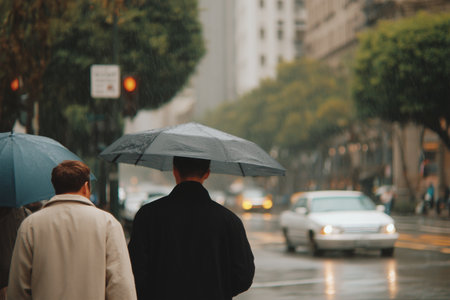 Walking in the rain with umbrellas on a busy city streetの素材