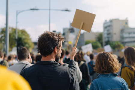 Crowd marches in protest holding signs in a city streetの素材