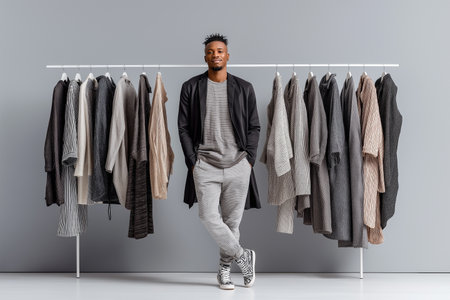 Stylish man poses with modern clothing rack in neutral tonesの素材