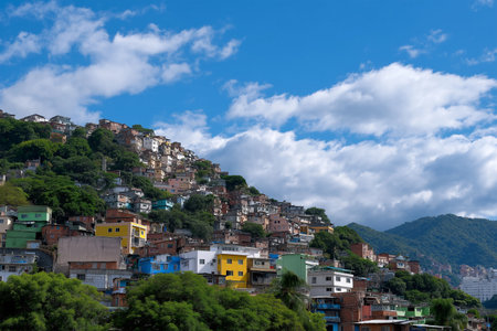 Colorful houses on a hillside with blue sky and cloudsの素材