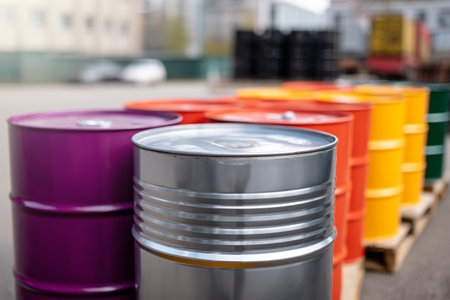 Colorful metal drums arranged in a warehouse during daytimeの素材
