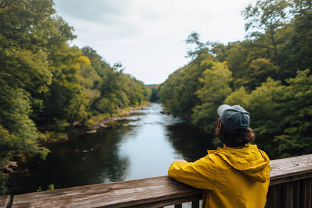 Person enjoying nature by a peaceful river on a cloudy dayの素材