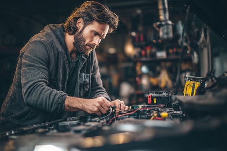 Man works on car engine in garage during evening hoursの素材