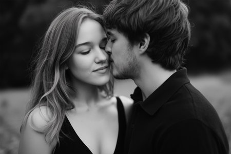 Young couple shares a tender moment in a scenic outdoor settingの素材