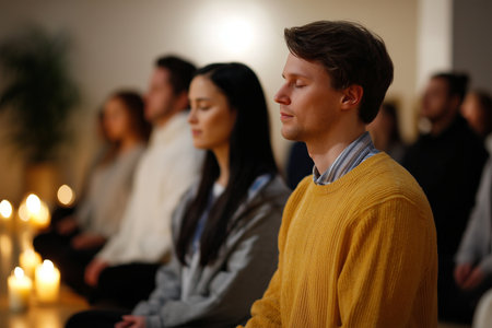 Meditation session with candles in a peaceful indoor settingの素材