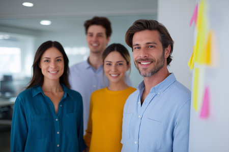 Group of smiling colleagues engaged in a teamwork activityの素材