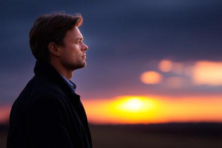 Man enjoys peaceful sunset view against dramatic skyの素材