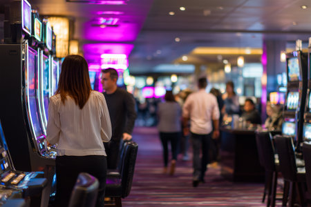 Bright lights and excitement fill the casino floor at nightの素材