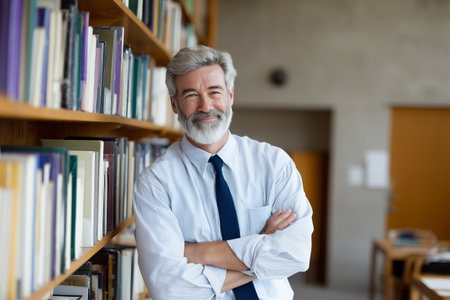Friendly professor stands among books in a university libraryの素材