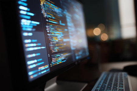 Computer screen displaying code during late-night programming sessionの素材