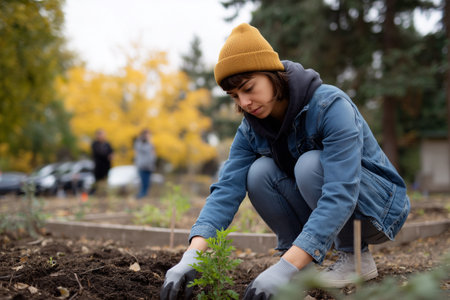 Community volunteer plants new flowers in local garden projectの素材
