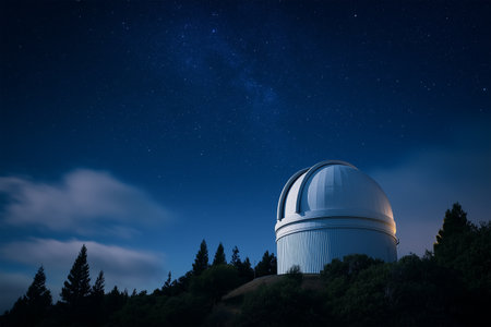 Starry night sky over a mountain observatory in a remote locationの素材