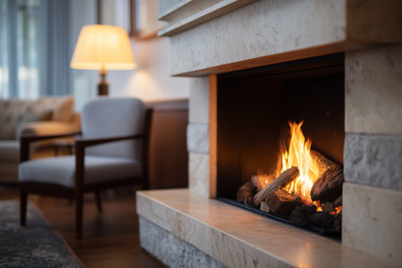 Cozy living room with a warm fire during evening hoursの素材