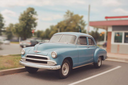 Classic blue car parked near a modern diner on a sunny dayの素材