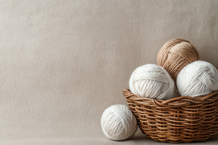 Soft yarn balls arranged in a woven basket on a textured surfaceの素材