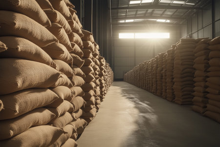 Warehouse filled with stacked bags of grain in warm sunlightの素材