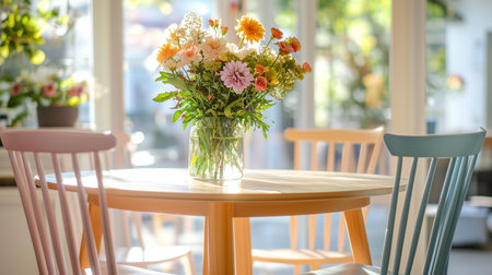 Colorful flowers brighten a cozy cafe table in afternoon lightの素材