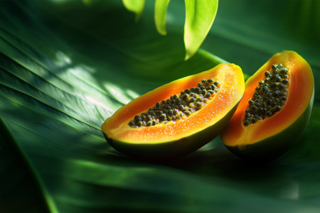 Fresh papaya halves resting on vibrant green leavesの素材