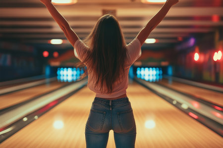 Celebration after a successful bowling game at a vibrant bowling alleyの素材