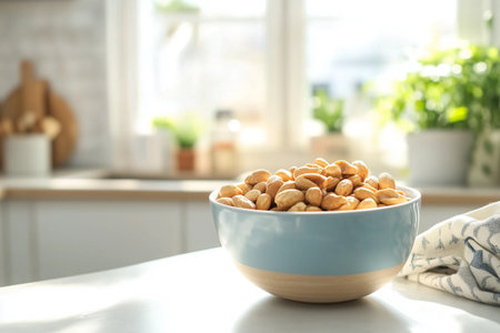 Bowl of mixed nuts on a kitchen counter in bright sunlightの素材