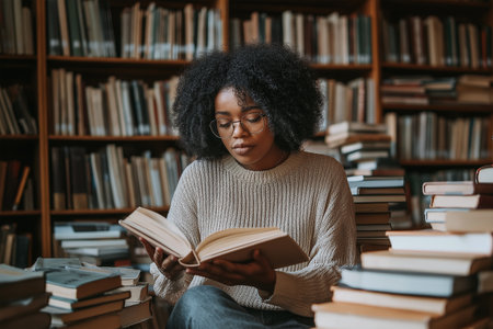 Reading quietly in a cozy library surrounded by booksの素材
