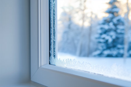 Beautiful winter scene through a frosted windowpaneの素材