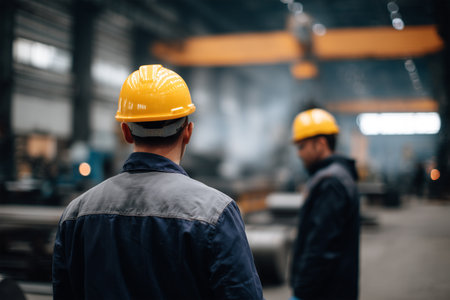 Workers in safety gear inside a large industrial facilityの素材