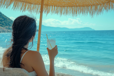 Relaxing on the beach while enjoying a refreshing beverage in summerの素材