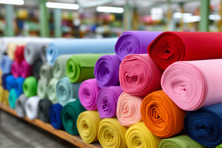 Colorful rolls of fabric displayed in a textile marketの素材