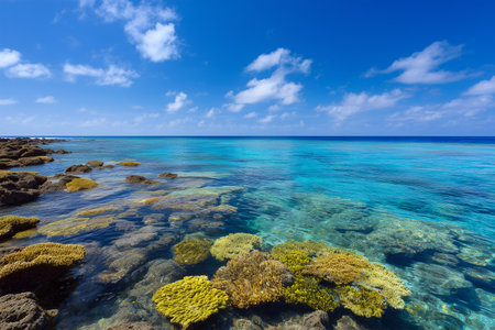 Clear blue waters reveal colorful coral reef and rocky shorelineの素材