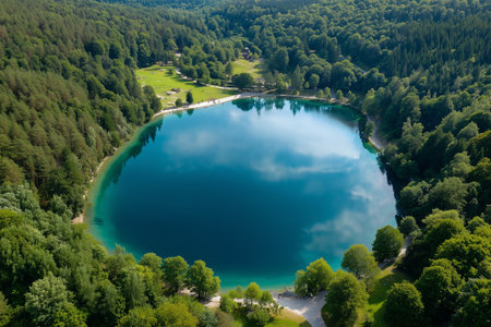 Beautiful lake surrounded by lush greenery in daylightの素材