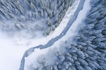 Winter landscape with river winding through snow-covered forestの素材
