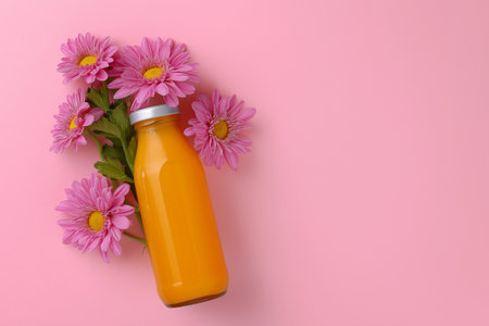 Fresh orange juice bottle with pink flowers on a pastel backgroundの素材
