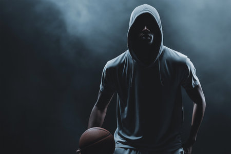Basketball player in a hoodie preparing for game actionの素材