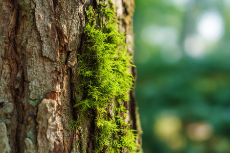 Green moss grows on a textured tree bark in a forest settingの素材