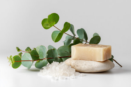 Natural soap and salt on stones with eucalyptus leavesの素材