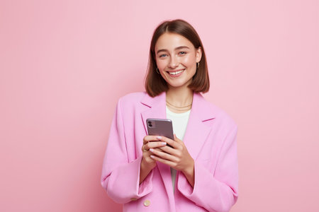 Young woman checks her phone with a smile in a light settingの素材