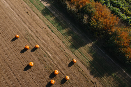 Pumpkins scattered across an autumn field during harvest seasonの素材