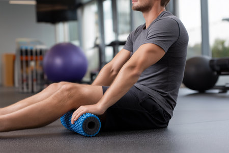 Man using foam roller for muscle recovery in gymの素材