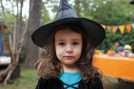 Witch costume girl stands in yard during festive celebrationの素材