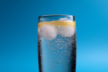 Refreshing sparkling beverage with ice on blue backgroundの素材