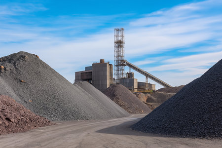 Industrial site features gravel mounds and machinery against blue skyの素材