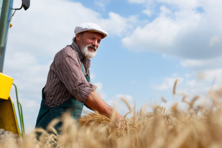 Elderly farmer harvests wheat in a sunny field during summerの素材